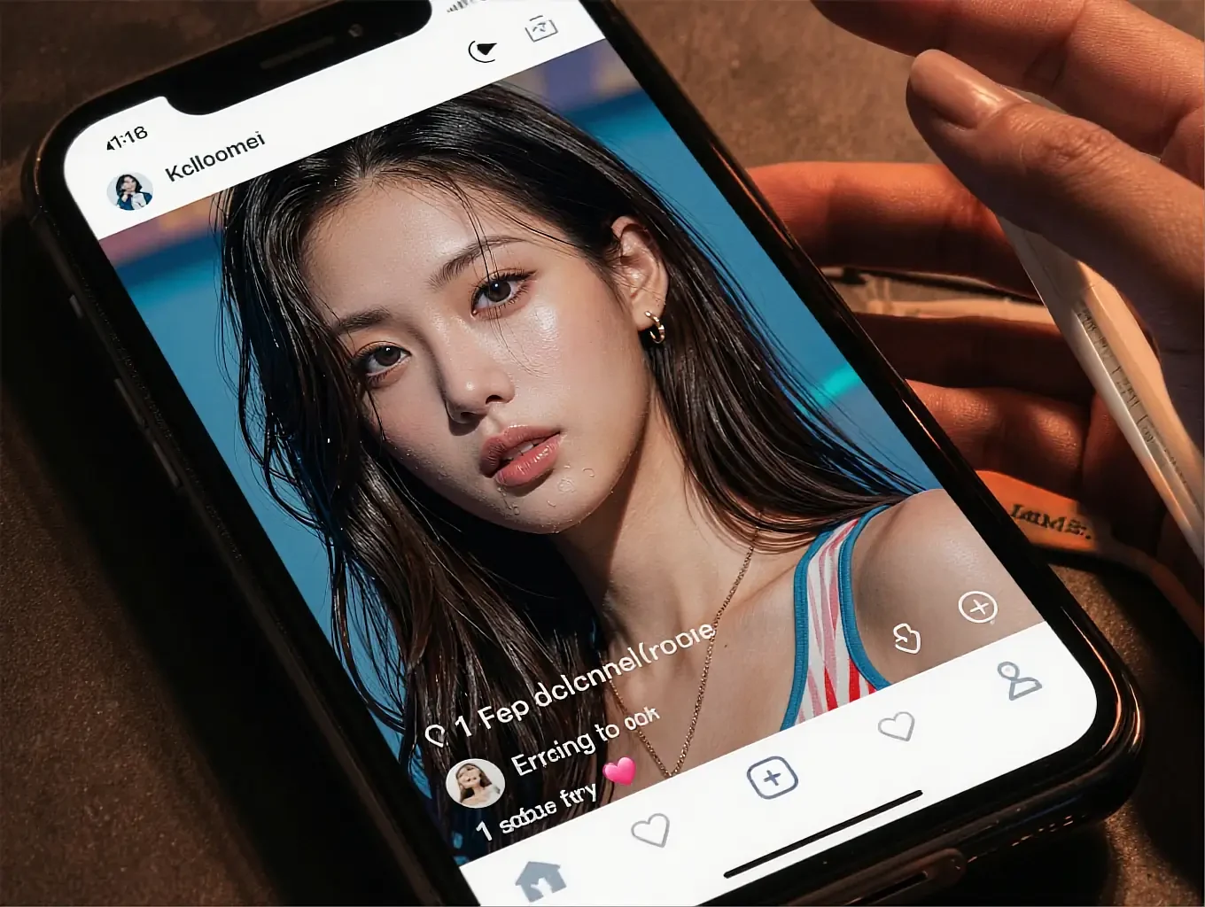 A fictional AI girlfriend in low light, illustrating adult-tuned conversation settings