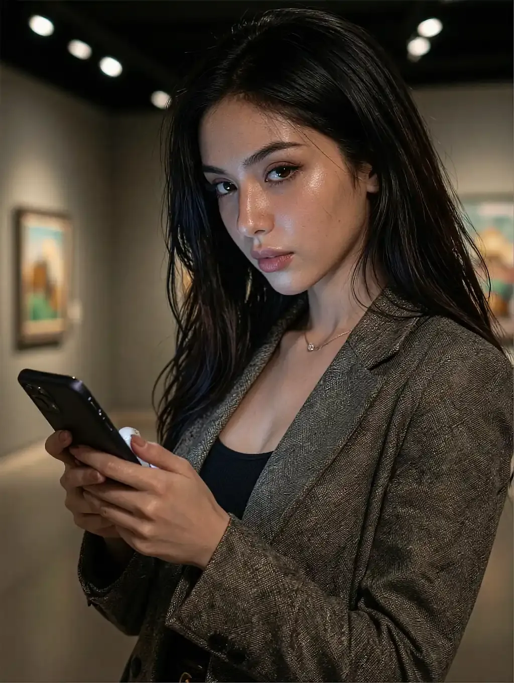 Kennedy, a fictional AI girlfriend with dark curls, looking over her shoulder indoors