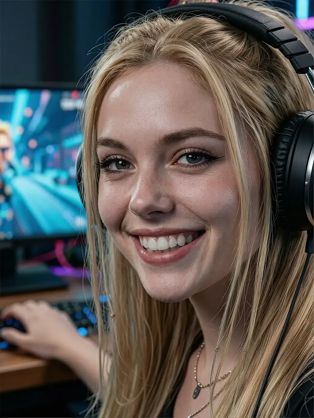 Lexie, a fictional AI girlfriend in a headset, lit by the glow of a monitor